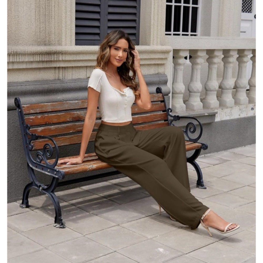 KICZOY Women Office Wide High Waist Pants Loose Fit Elastic Waist Pleated XS